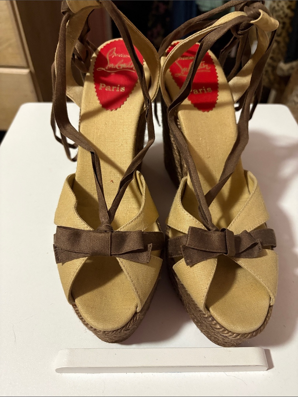 Christian Louboutin Beige and Brown Canvas Espadrille Wedge Sandals
